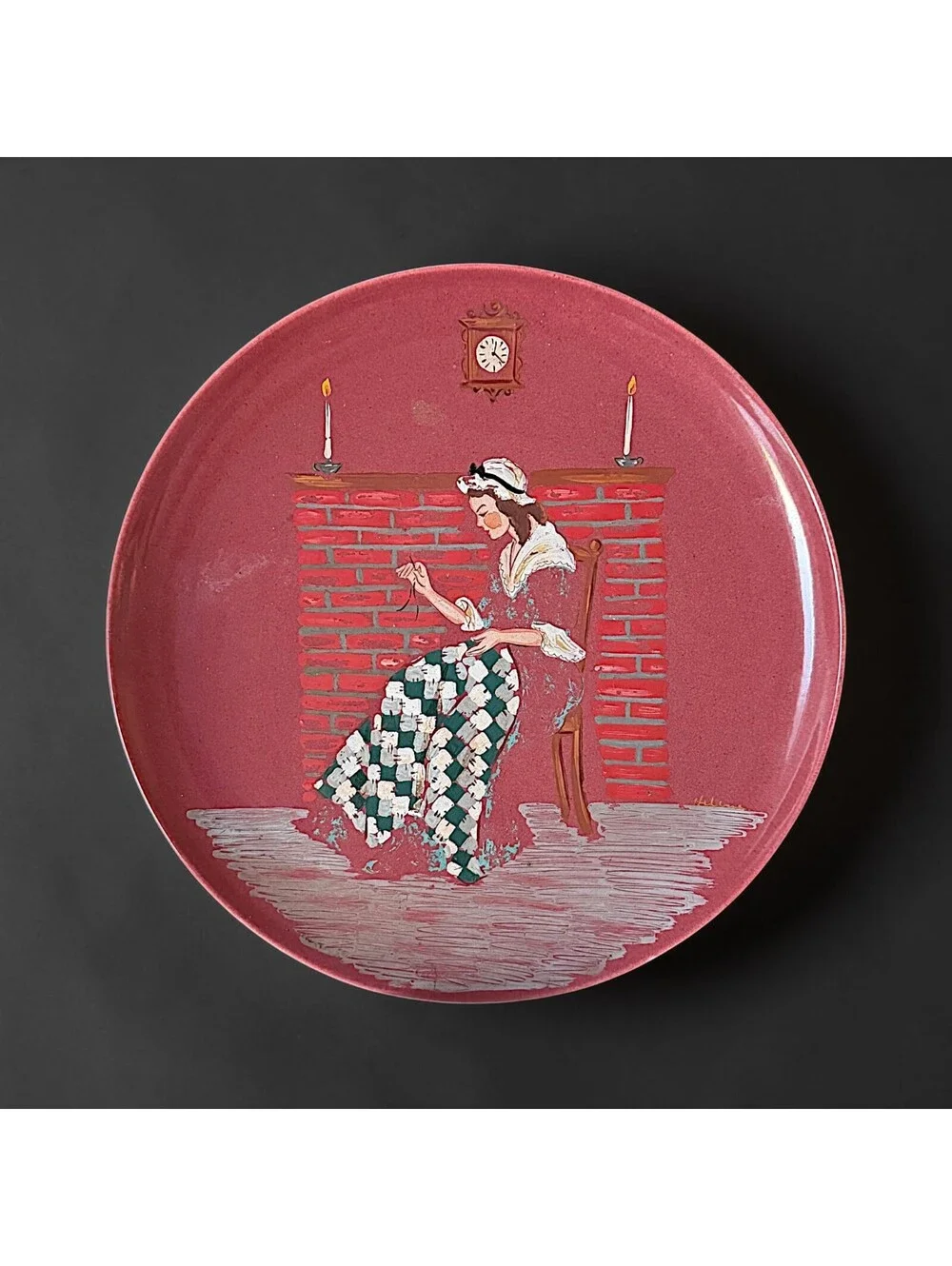 Large Vtg Hand Painted Folk Art Serving Tray Plate Colonial Woman Fireplace 13
